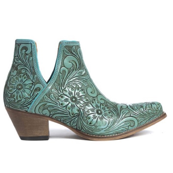 🔥Hand Tooled Genuine Leather Women Bootie Boot Boho Western Shoe Teal Turquoise - Picture 4 of 11